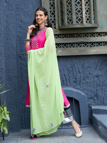 Women's Fuchsia & Navy Gota Anarkali Kurta Set With Green Dupatta