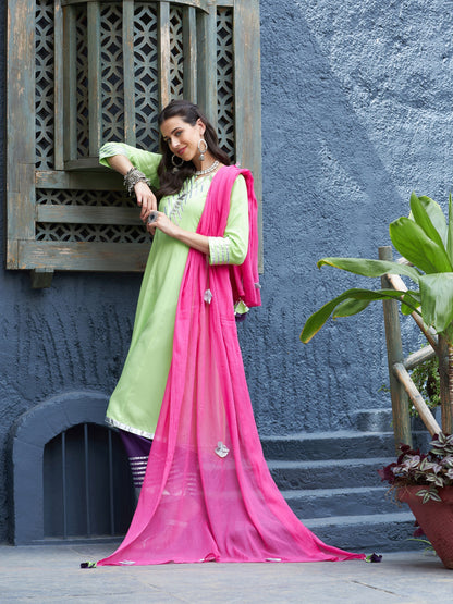 Women's Green & Purple Gota Anarkali Kurta Set With Fuchsia Dupatta
