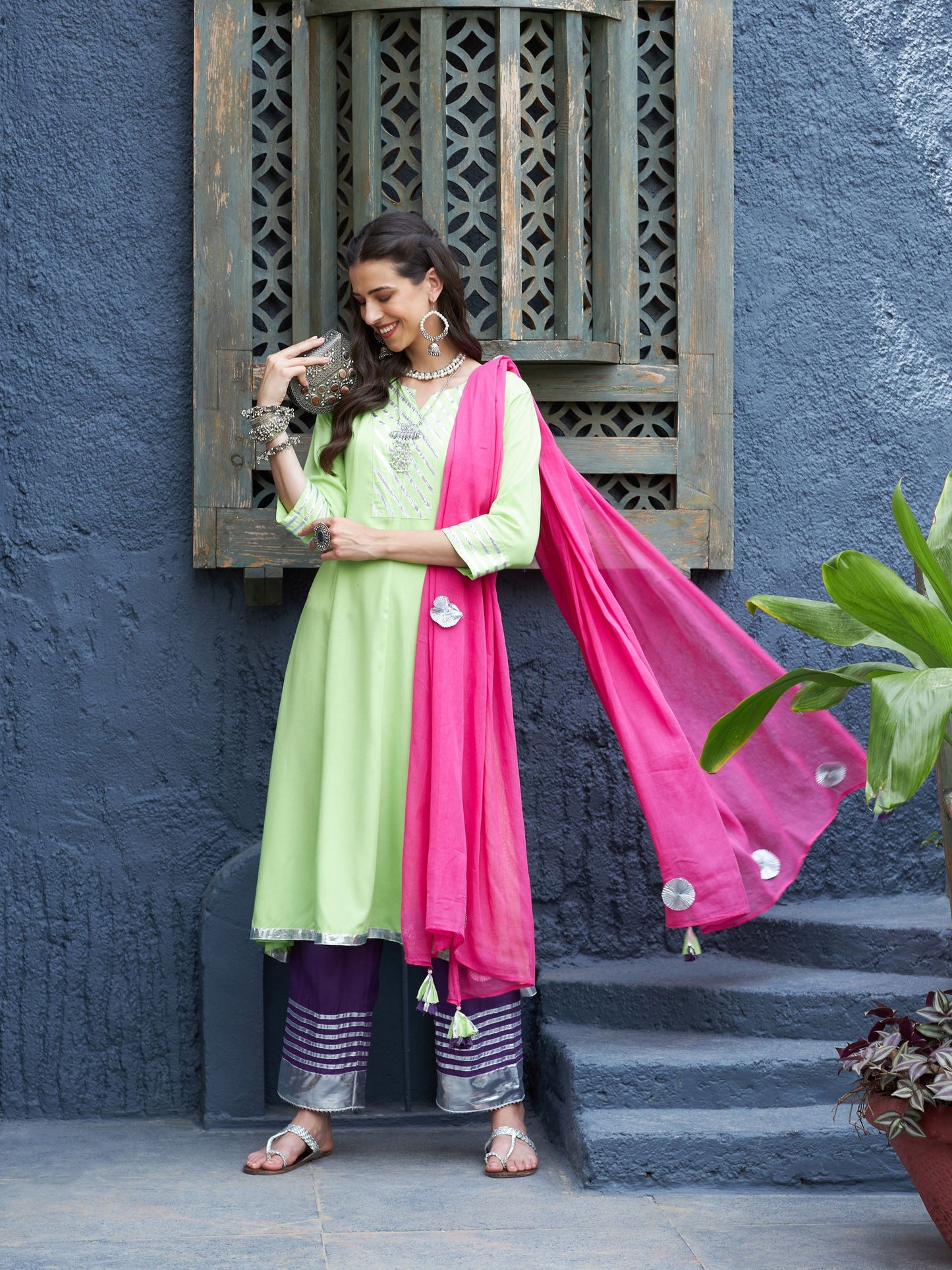 Women's Green & Purple Gota Anarkali Kurta Set With Fuchsia Dupatta