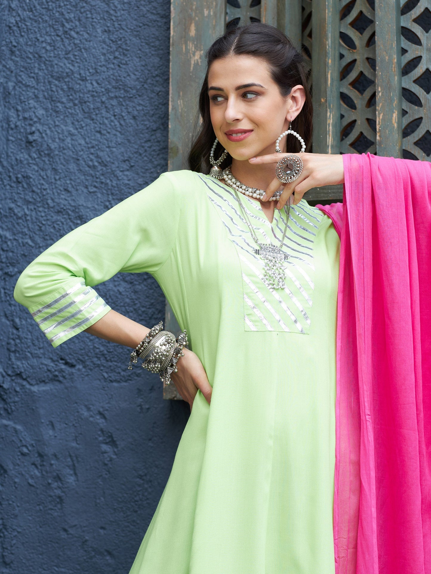 Women's Green & Purple Gota Anarkali Kurta Set With Fuchsia Dupatta