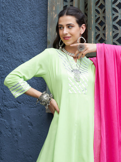 Women's Green & Purple Gota Anarkali Kurta Set With Fuchsia Dupatta