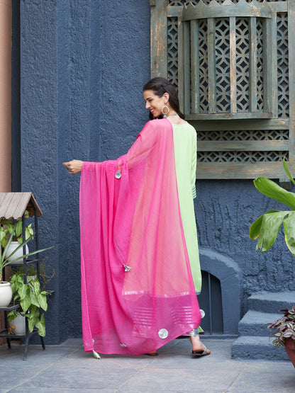 Women's Green & Purple Gota Anarkali Kurta Set With Fuchsia Dupatta