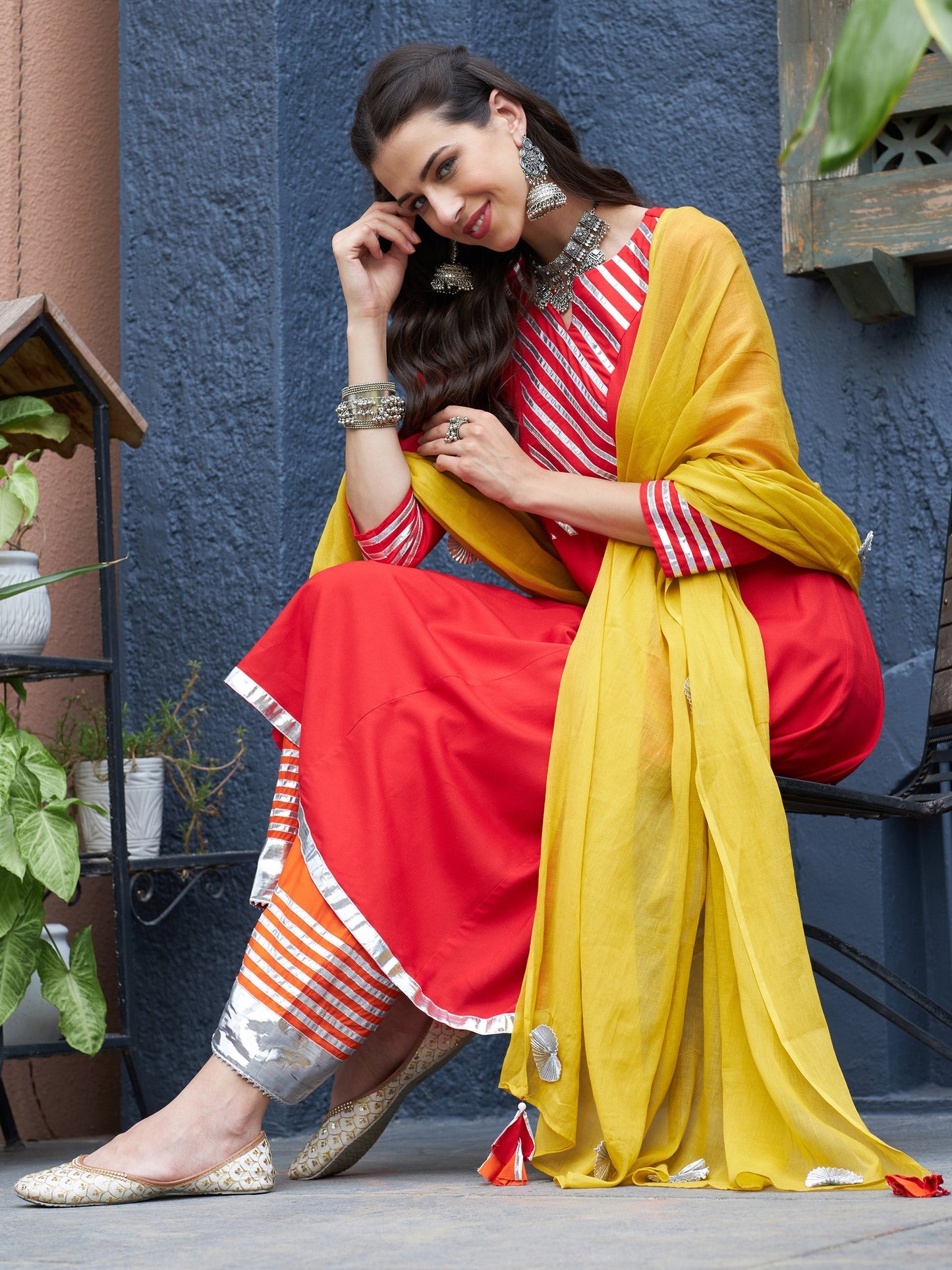Women's Red & Orange Gota Detail Anarkali Kurta Set With Mustard Dupatta
