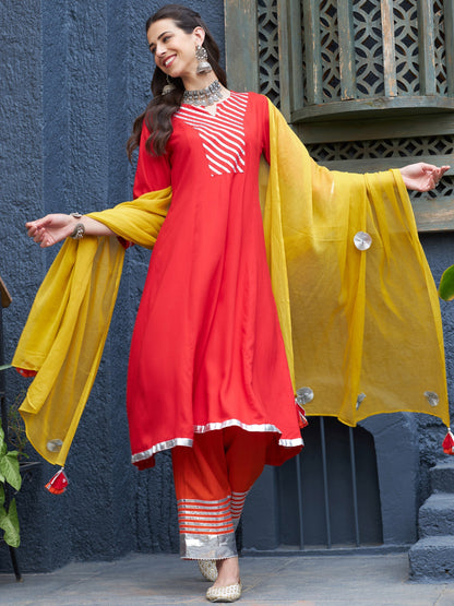 Women's Red & Orange Gota Detail Anarkali Kurta Set With Mustard Dupatta