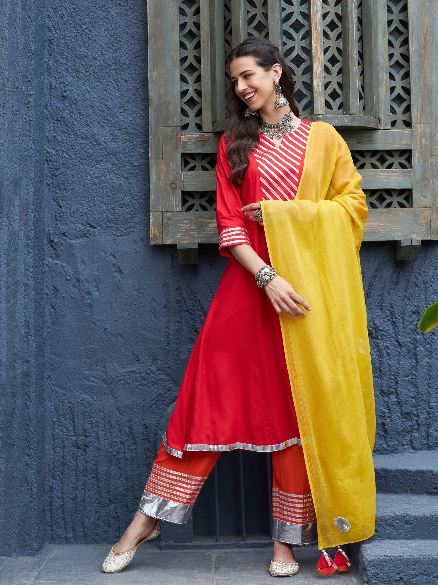 Women's Red & Orange Gota Detail Anarkali Kurta Set With Mustard Dupatta