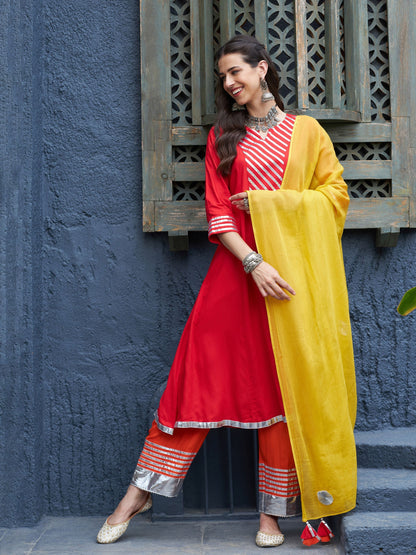 Women's Red & Orange Gota Detail Anarkali Kurta Set With Mustard Dupatta