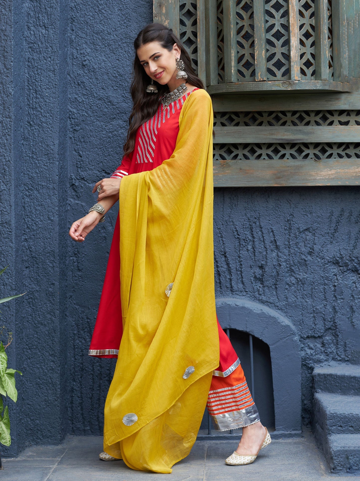 Women's Red & Orange Gota Detail Anarkali Kurta Set With Mustard Dupatta