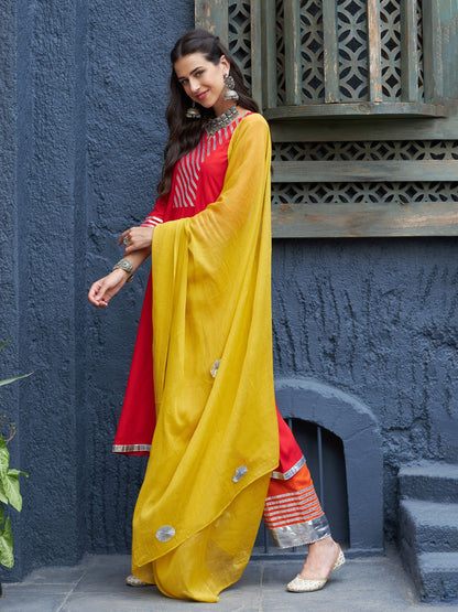 Women's Red & Orange Gota Detail Anarkali Kurta Set With Mustard Dupatta