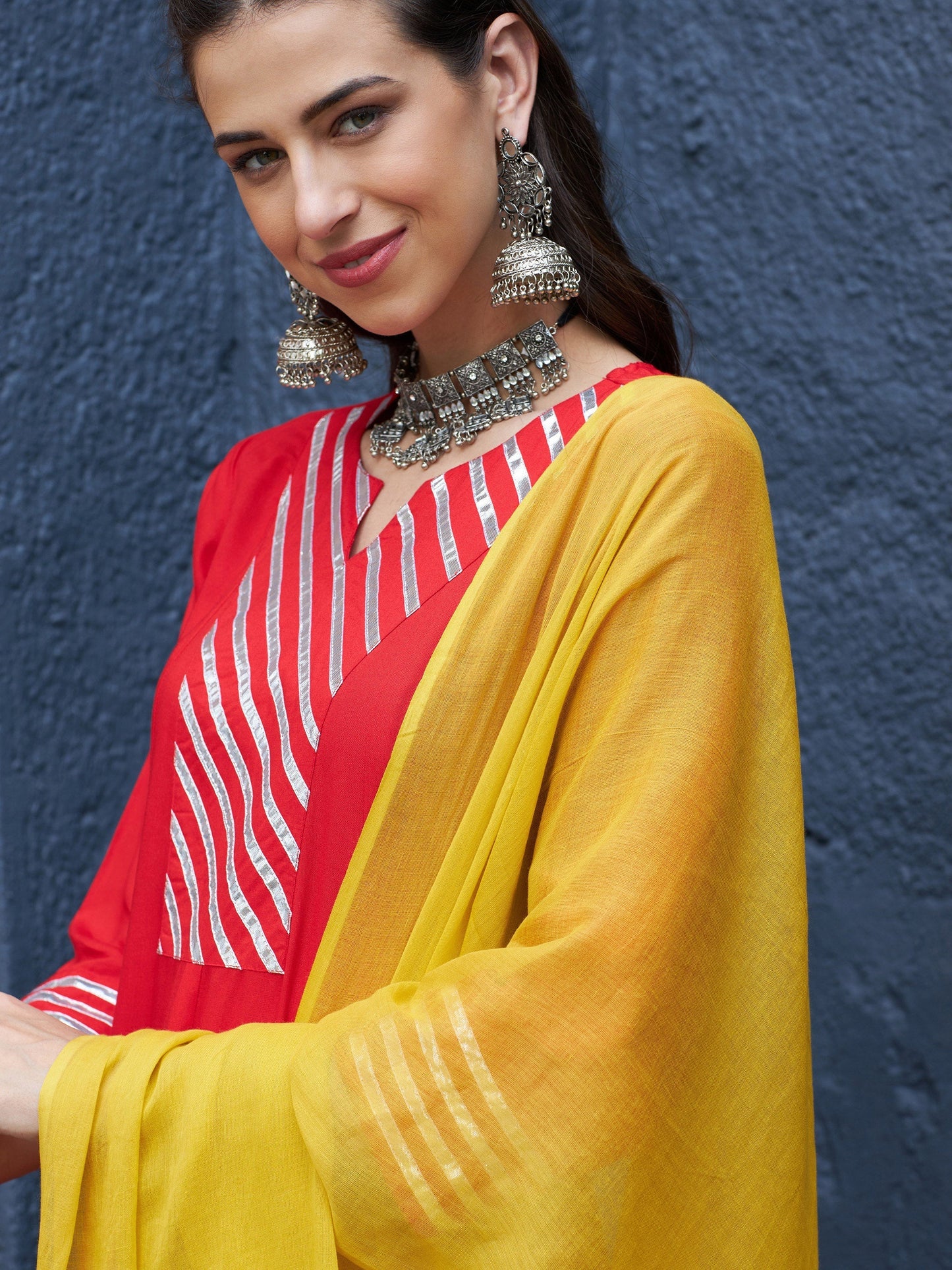 Women's Red & Orange Gota Detail Anarkali Kurta Set With Mustard Dupatta