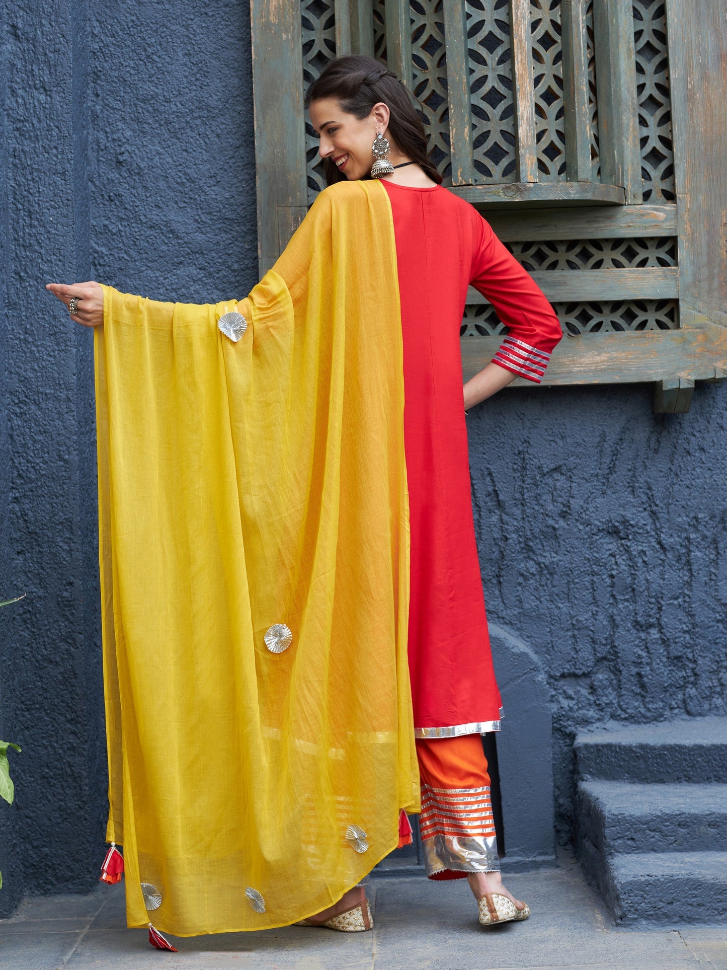Women's Red & Orange Gota Detail Anarkali Kurta Set With Mustard Dupatta