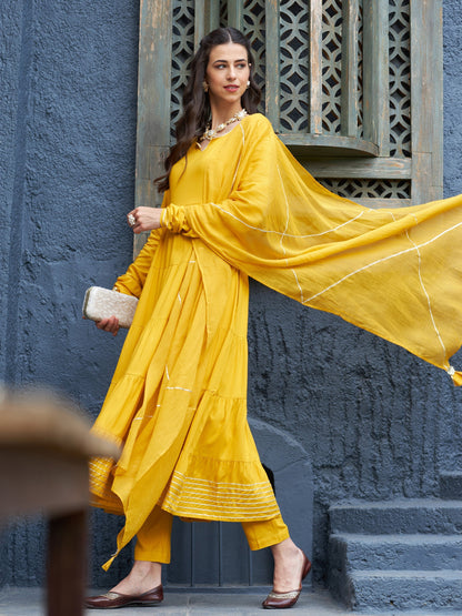 Women's Mustard Tiered Kurta Set With Gota Dupatta