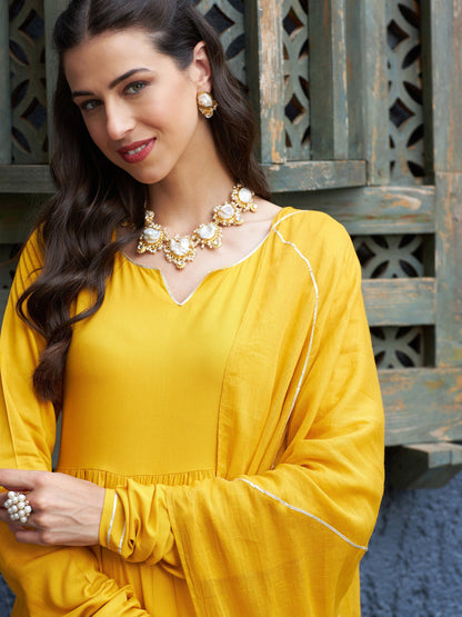 Women's Mustard Tiered Kurta Set With Gota Dupatta