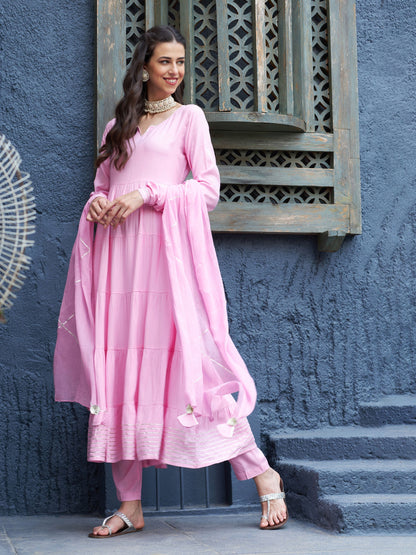 Women's Pink Tiered Kurta Set With Gota Dupatta