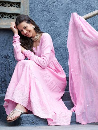 Women's Pink Tiered Kurta Set With Gota Dupatta