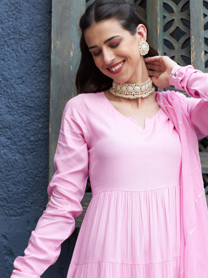 Women's Pink Tiered Kurta Set With Gota Dupatta