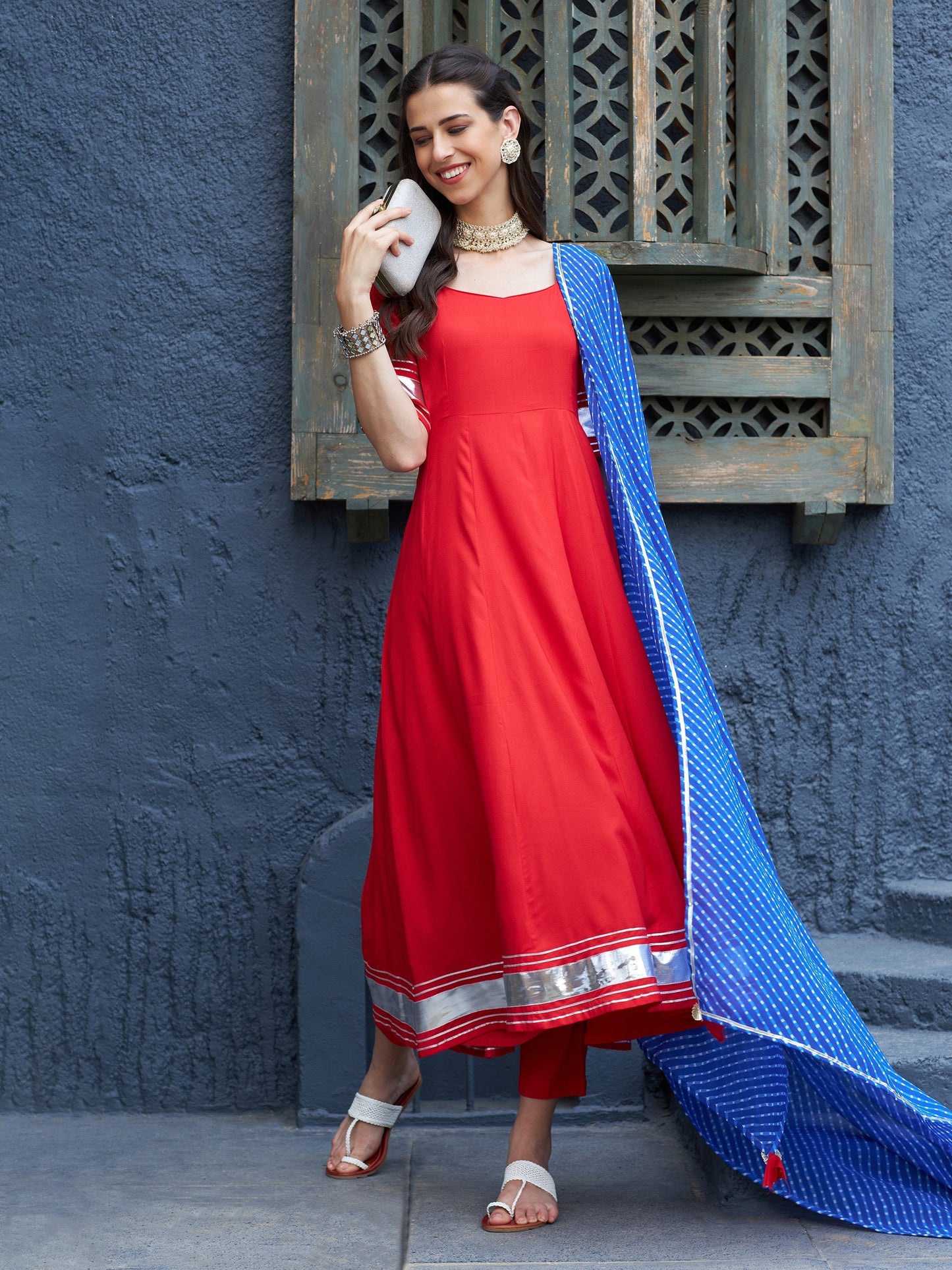 Women's Red Anarkali Kurta Set With Blue Lehariya Dupatta