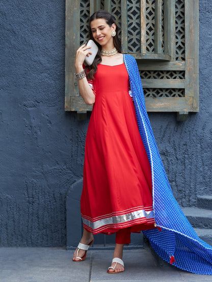 Women's Red Anarkali Kurta Set With Blue Lehariya Dupatta