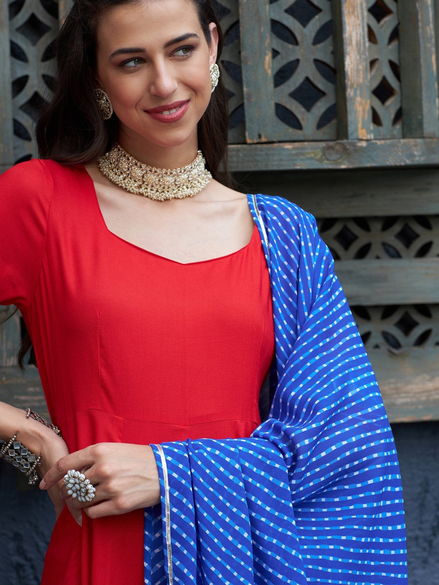 Women's Red Anarkali Kurta Set With Blue Lehariya Dupatta