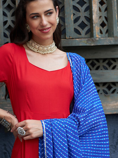 Women's Red Anarkali Kurta Set With Blue Lehariya Dupatta