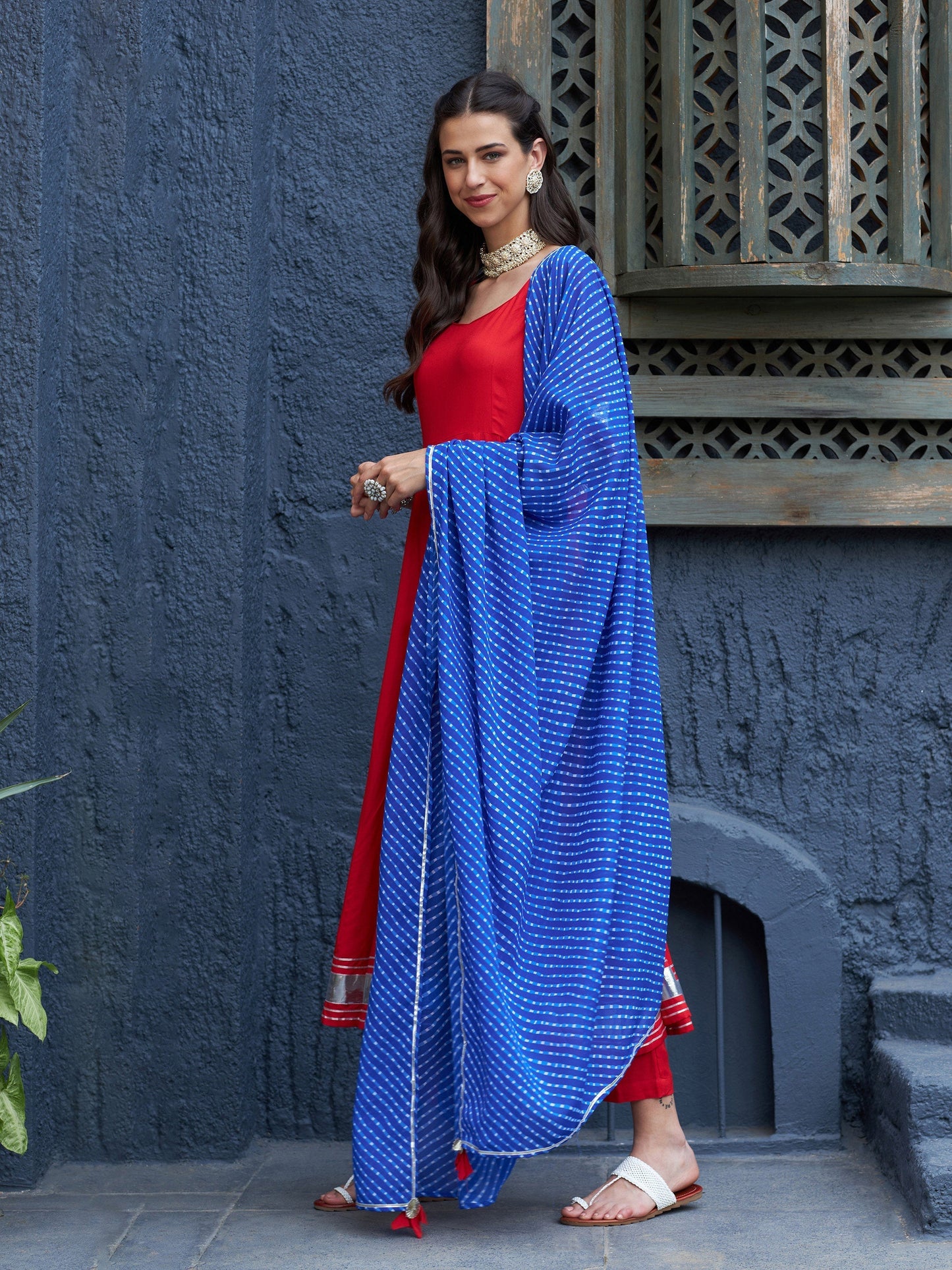 Women's Red Anarkali Kurta Set With Blue Lehariya Dupatta