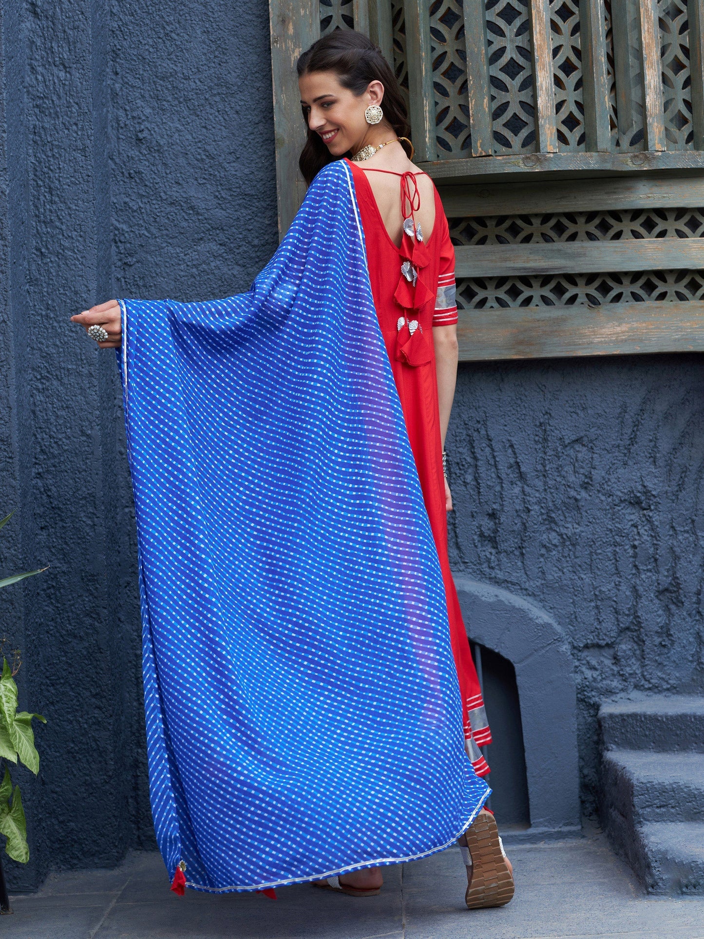 Women's Red Anarkali Kurta Set With Blue Lehariya Dupatta