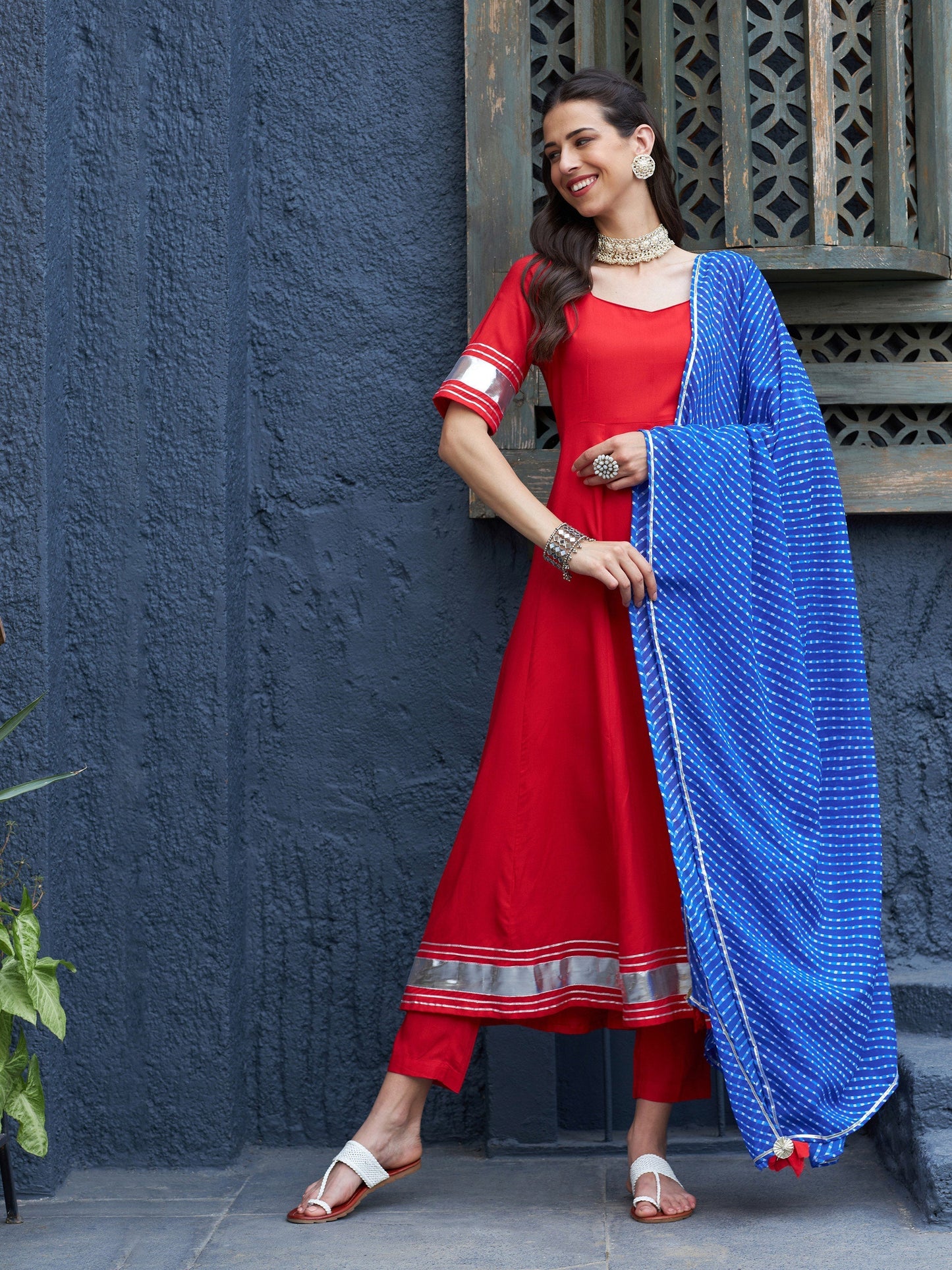 Women's Red Anarkali Kurta Set With Blue Lehariya Dupatta