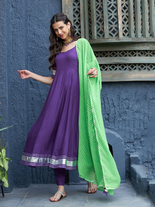 Women's Purple Anarkali Kurta Set With Green Lehariya Dupatta