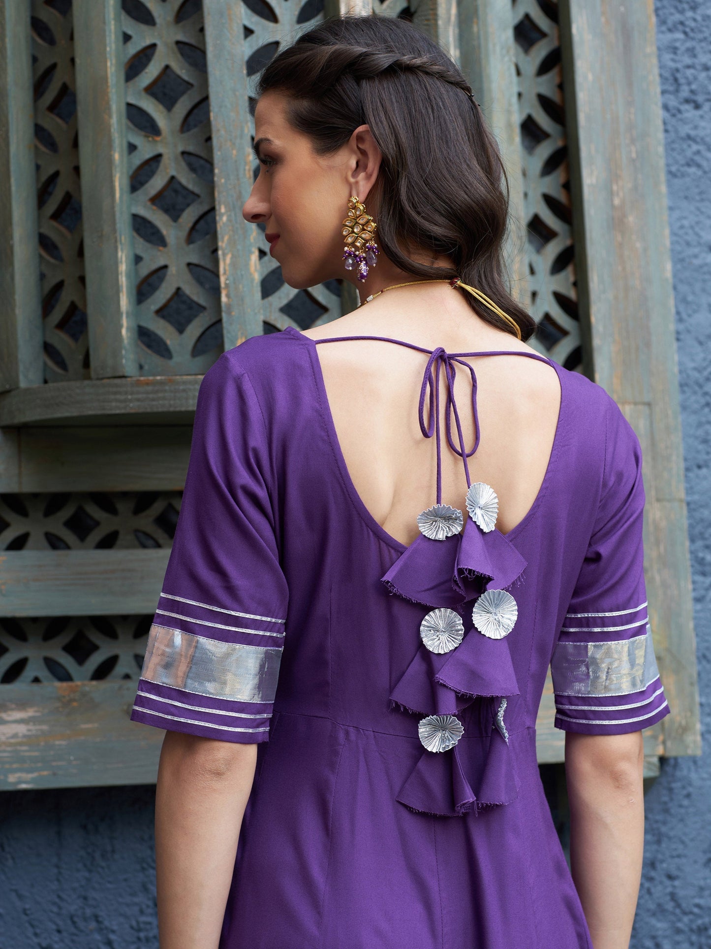 Women's Purple Anarkali Kurta Set With Green Lehariya Dupatta