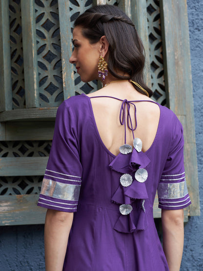 Women's Purple Anarkali Kurta Set With Green Lehariya Dupatta