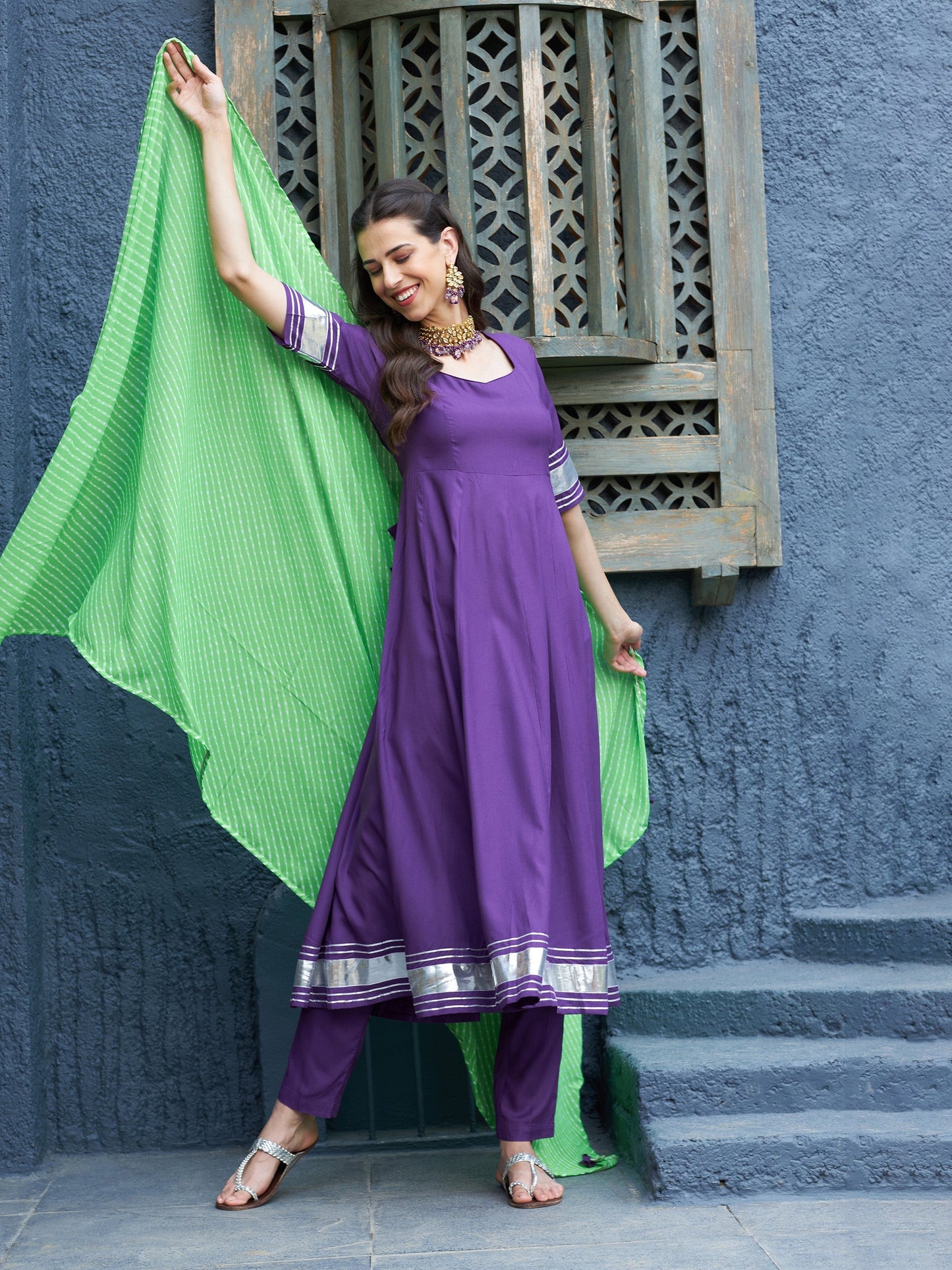 Women's Purple Anarkali Kurta Set With Green Lehariya Dupatta