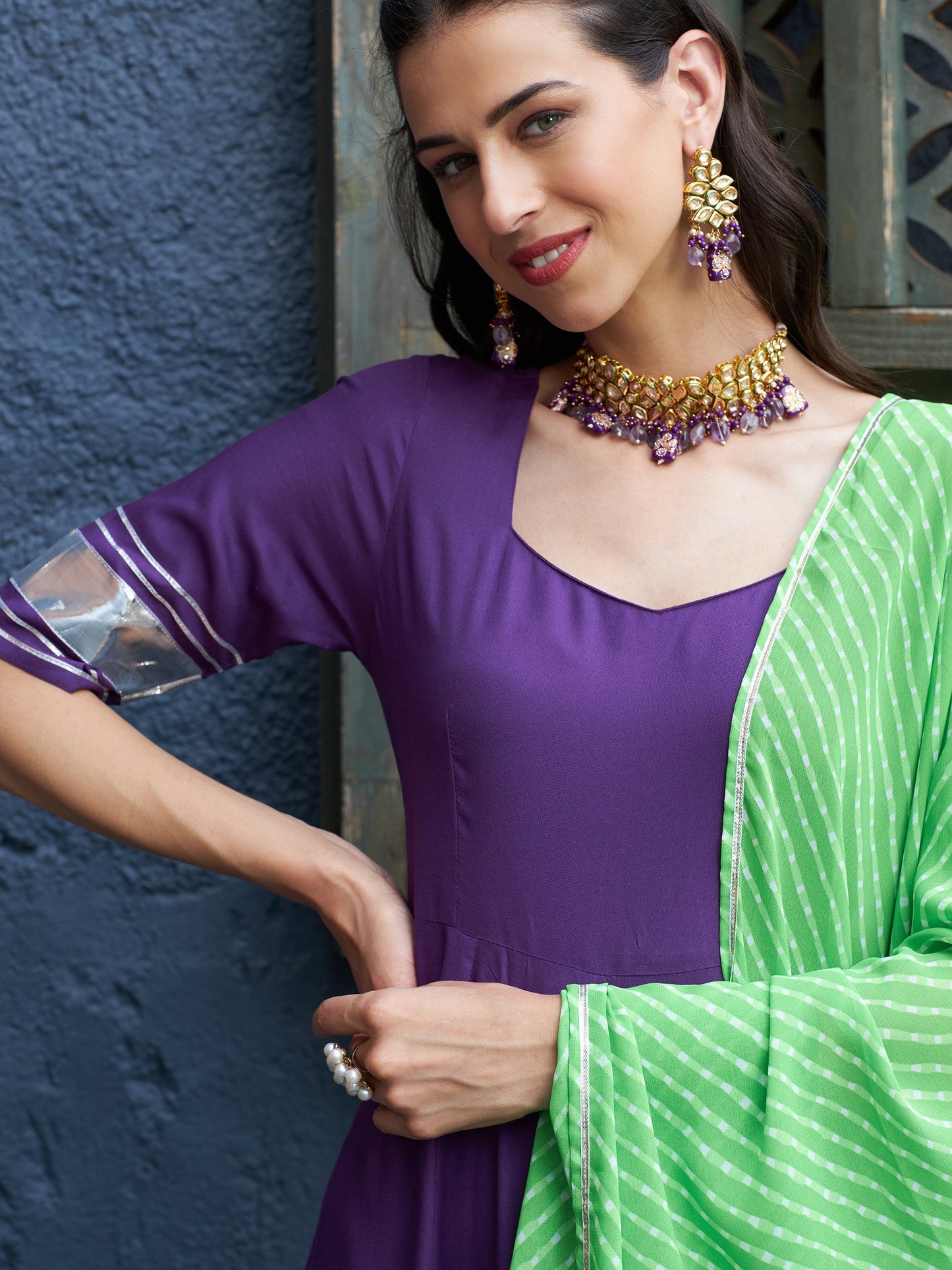 Women's Purple Anarkali Kurta Set With Green Lehariya Dupatta