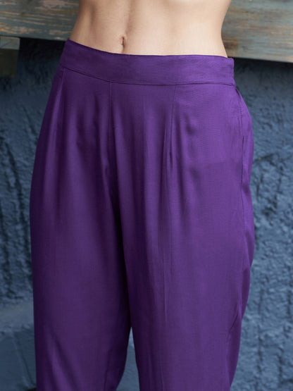 Women's Purple Anarkali Kurta Set With Green Lehariya Dupatta