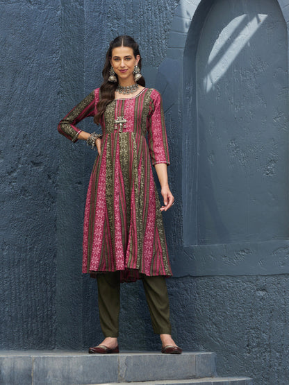 Women's Maroon Geo Floral Anarkali Kurta With Olive Pants
