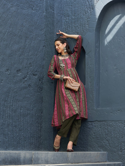 Women's Maroon Geo Floral Anarkali Kurta With Olive Pants