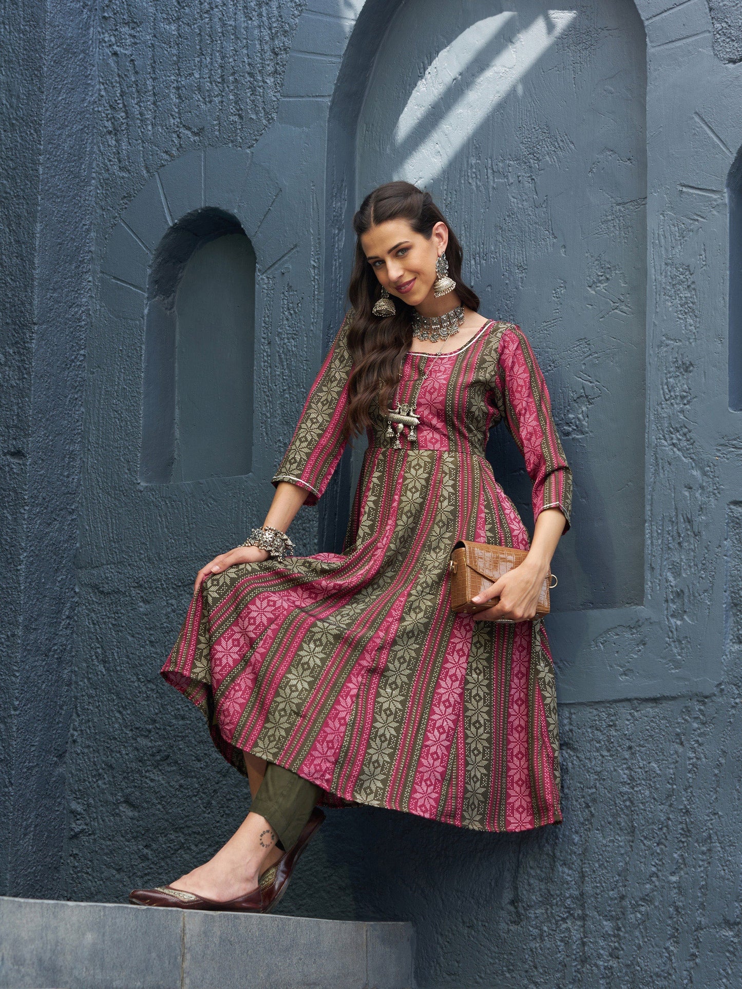 Women's Maroon Geo Floral Anarkali Kurta With Olive Pants
