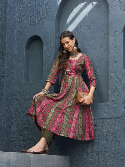 Women's Maroon Geo Floral Anarkali Kurta With Olive Pants