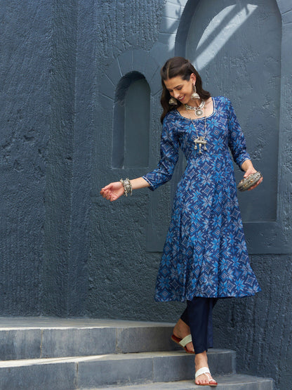 Women's Blue Floral Anarkali Kurta With Navy Pants