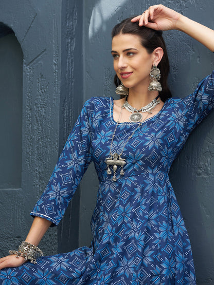 Women's Blue Floral Anarkali Kurta With Navy Pants