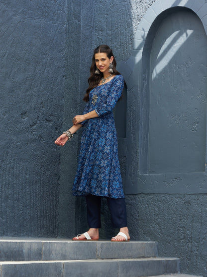 Women's Blue Floral Anarkali Kurta With Navy Pants