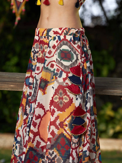 Women's Beige Ikat Cold Shoulder Crop Top With Flared Skirt