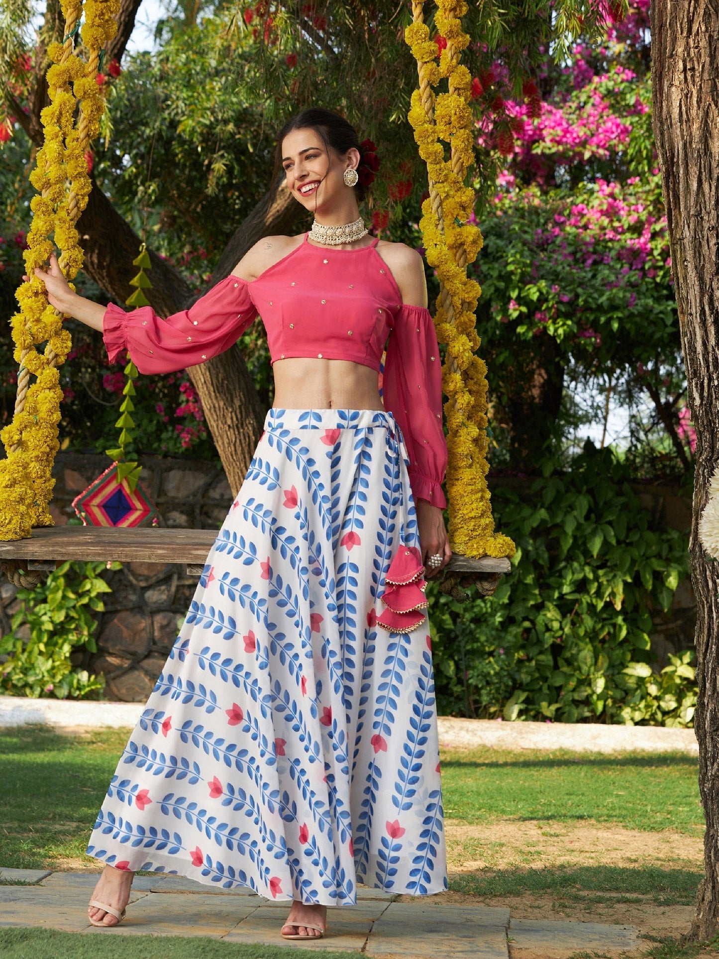 Women's Pink Embroidered Crop Top With Lotus Print Flared Skirt