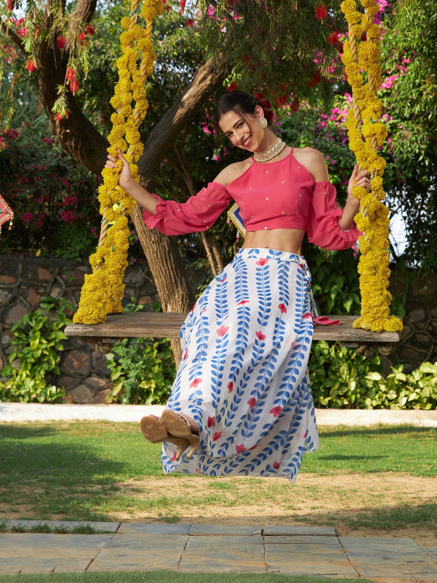 Women's Pink Embroidered Crop Top With Lotus Print Flared Skirt