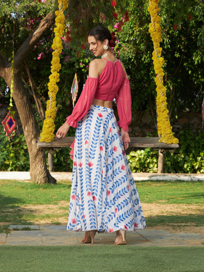Women's Pink Embroidered Crop Top With Lotus Print Flared Skirt