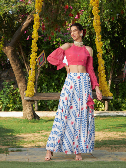 Women's Pink Embroidered Crop Top With Lotus Print Flared Skirt