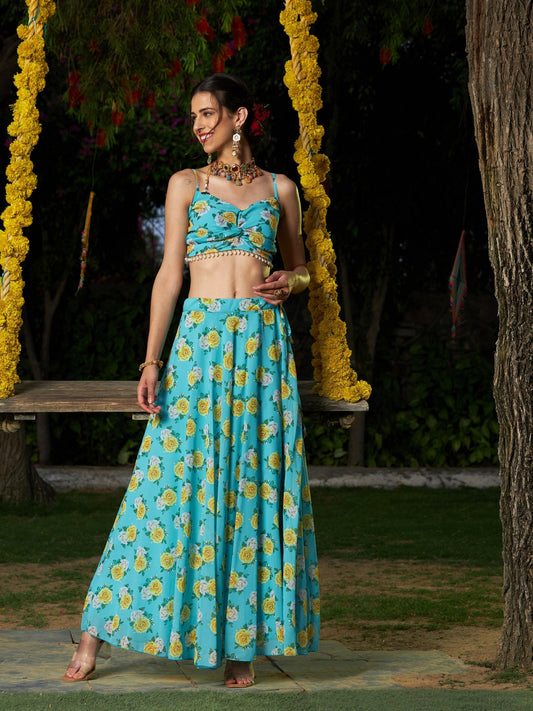 Women's Green Floral Strappy Crop Top With Bias Flared Skirt