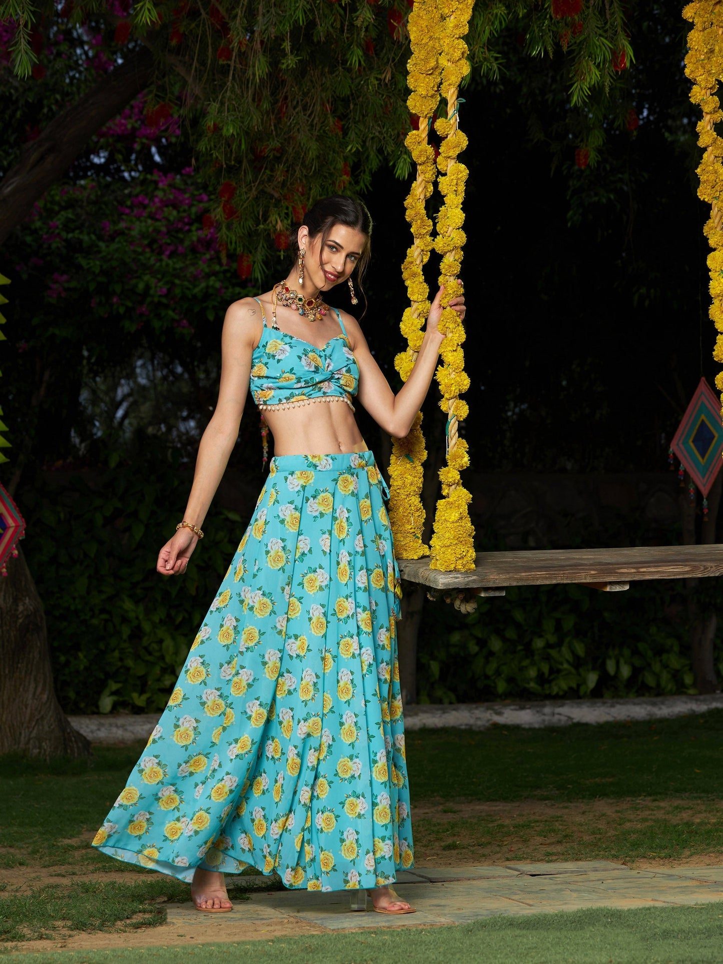 Women's Green Floral Strappy Crop Top With Bias Flared Skirt