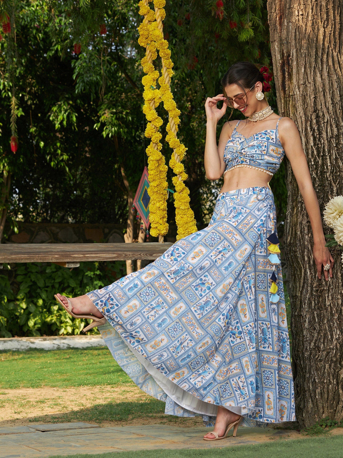 Women's Blue Floral Strappy Crop Top With Bias Flared Skirt