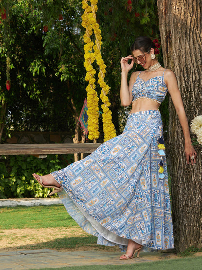 Women's Blue Floral Strappy Crop Top With Bias Flared Skirt