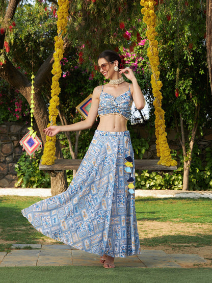 Women's Blue Floral Strappy Crop Top With Bias Flared Skirt