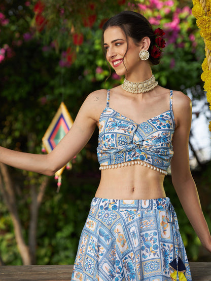 Women's Blue Floral Strappy Crop Top With Bias Flared Skirt